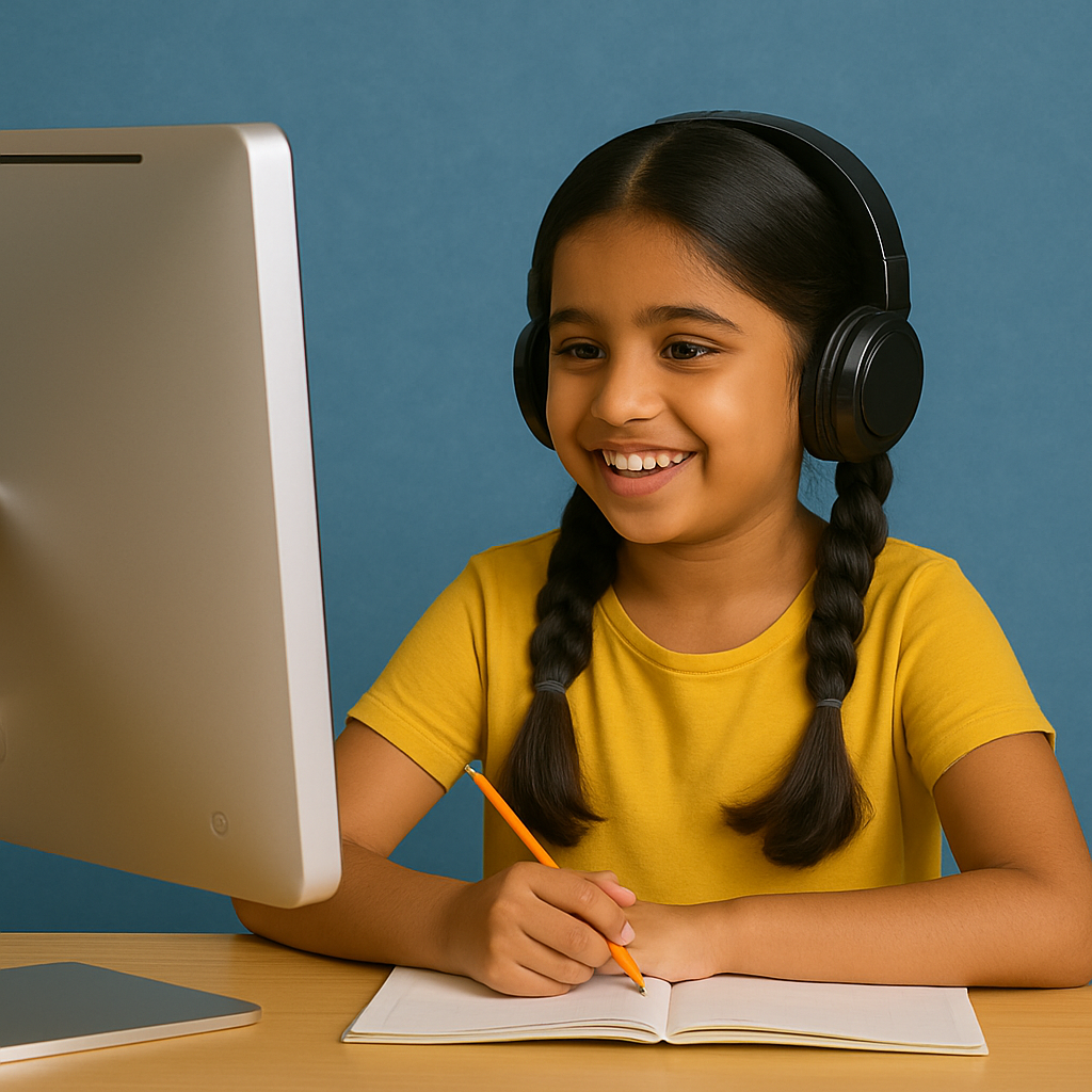 A girl attending Magudam Academy Online class